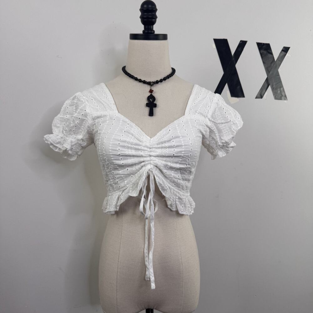 Y2K White Cotton Eyelet Crop Top Puff Sleeve Ruched Ruffle Milkmaid M